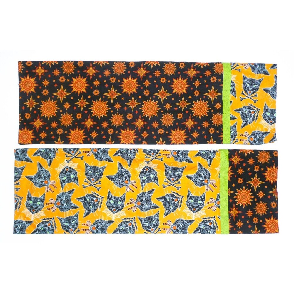 2 Handmade Halloween Pillow Cases Trick Treat Candy Sacks Black Cats Bats Stars